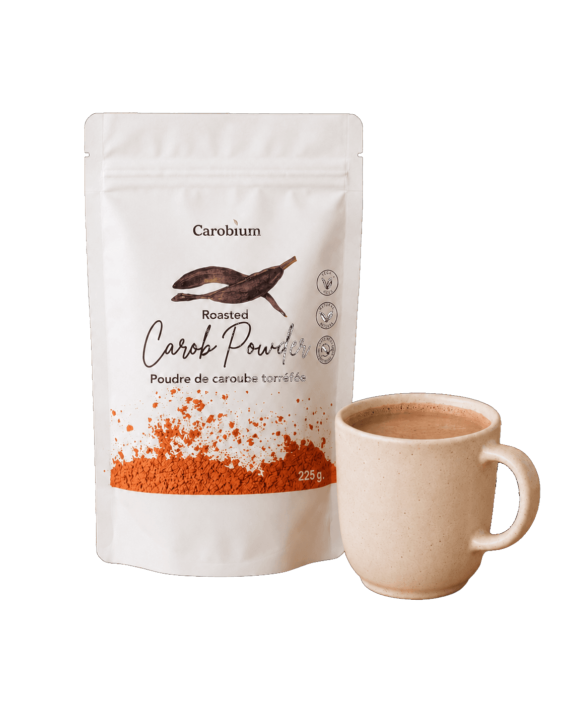 Carobium roasted carob powder pouch beside a mug of carob latte